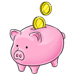 Piggy bank and golden coins pop art PNG - obrazy, fototapety, plakaty