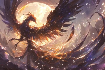 A majestic phoenix soaring through the night sky, its vibrant orange feathers glowing in an ethereal light 