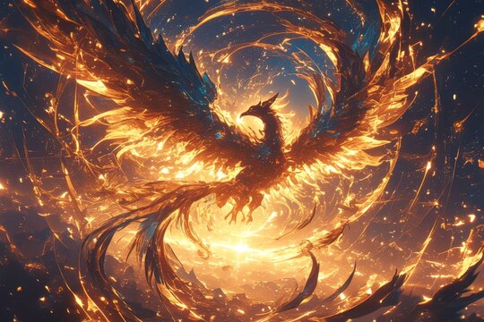 A majestic phoenix soaring through the night sky, its vibrant orange feathers glowing in an ethereal light as it emerges from ashes to start yet another cycle of rebirth and renewal. 