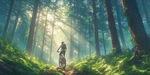 A mountain biker is riding down an adventurous trail in the mountains, surrounded by lush greenery and tall trees. 