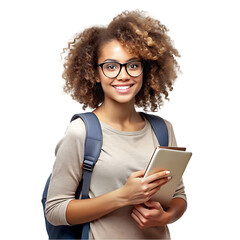 young curly student woman wearing backpack glasses