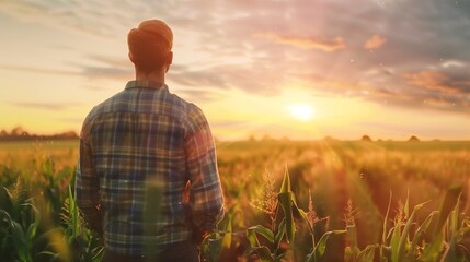 Fototapeta premium A farmer looking towards the crops. Field landscape from the back. Generated by artificial intelligence.