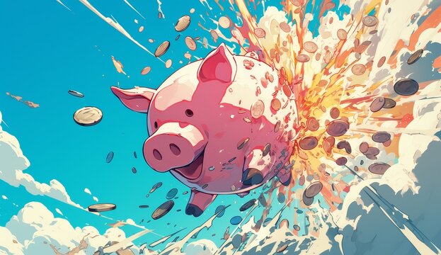 A pink piggy bank exploding with coins flying everywhere.