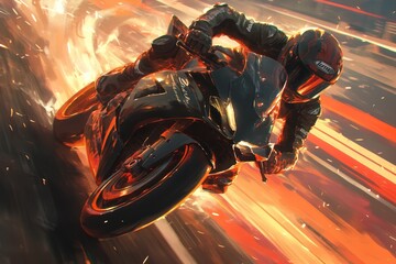 A riding a motorcycle at high speed, with a motion blur background - obrazy, fototapety, plakaty