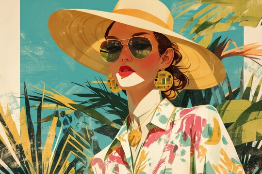 a retro collage of woman with sunglasses and red lips, a sun hat, in front of an abstract background with palm tree