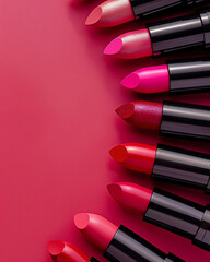 vertical shot close up of lipstick in a row on pink background for advertisement, lipsticks commercial banner, cosmetic poster - obrazy, fototapety, plakaty