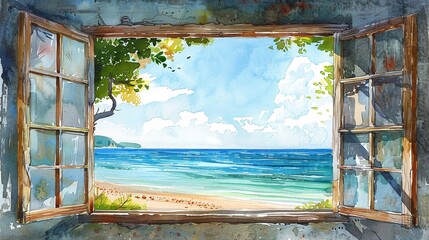 watercolor illustration the view from old smoked wooden window to the sea.