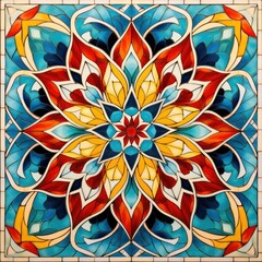 Ornate Mosaic Tile with Floral Design in Blue, Yellow, Orange, and Red