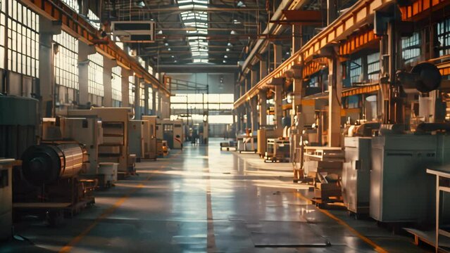 Sunlit factory floor with machinery and overhead crane.  Manufacturing and workflow concept.