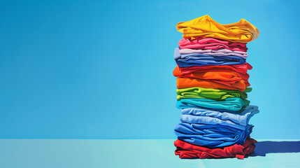 Vibrant Stack of Colorful Clothes Against a Blue Background in Daylight