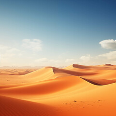 Fototapeta na wymiar Vast orange sand dunes rise under a clear blue sky in a dry Moroccan desert landscape.