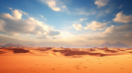 Naklejka premium Vast orange sand dunes rise under a clear blue sky in a dry Moroccan desert landscape.