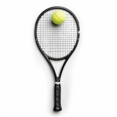 A tennis racket and ball on a white background, viewed from above.
