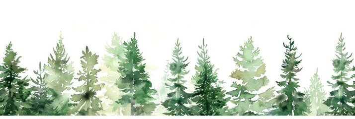 Seamless Watercolor Pine Tree Border in Shades of Green - obrazy, fototapety, plakaty