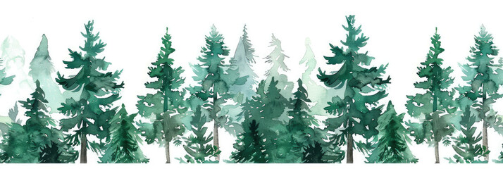 Seamless Watercolor Pine Tree Border in Shades of Green