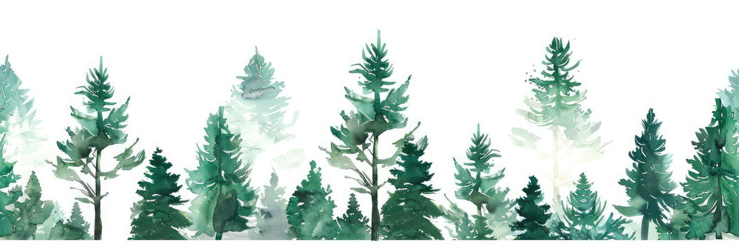 Seamless Watercolor Pine Tree Border in Shades of Green