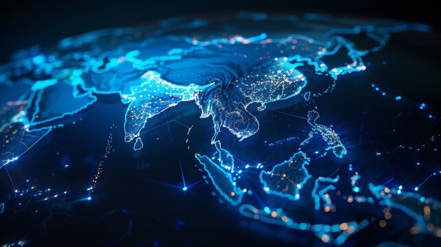 Sleek world map focusing on Asia, illustrating the pulse of cyber technology and business communications