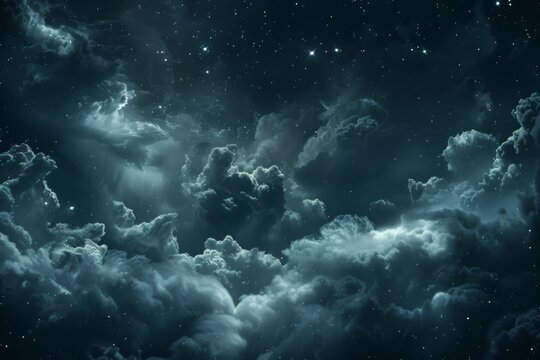 A mystical night sky with stars peering through the dense clouds invokes a sense of wonder.

