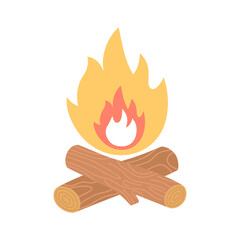 Bonfire burning on firewood in the camp, camping and hiking outdoor tourism.