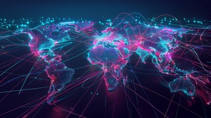 Futuristic world map, airports linked by vibrant data transfer lines, showcasing the seamless information exchange in business