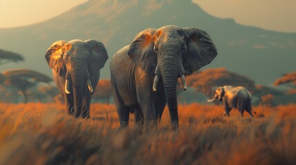 elephants roaming the African savannah - obrazy, fototapety, plakaty