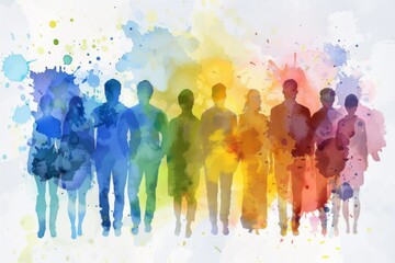 Watercolor illustration of diverse people - A vibrant watercolor painting featuring a group of diverse shadowy figures - obrazy, fototapety, plakaty