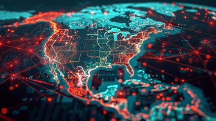 Digital world map zoomed on North America, with glowing lines of data and information exchange across continents - obrazy, fototapety, plakaty