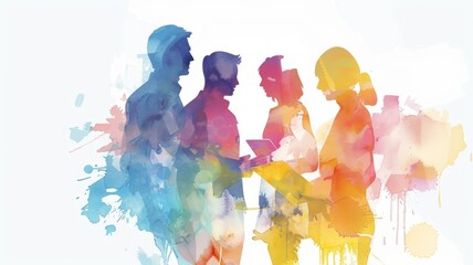 Watercolor silhouette of people conversing - An artistic illustration displaying people engaged in conversation with a watercolor background