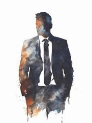 Elegant businessman in watercolor silhouette - An elegant suit-clad businessman is depicted in a striking watercolor silhouette with a blend of cool tones
