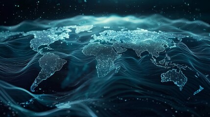 Digital data streams crisscrossing oceans on a world map, embodying the essence of global communication and business