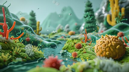 A 3D landscape showing the mutualistic relationship between humans and their gut flora.