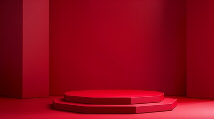 Luxury octagonal podium with red backdrop. Cosmetic product presentation. Geometric 3D platform design.
