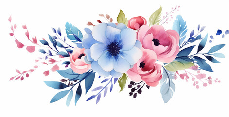 Watercolour frame arrangement and bouquet of blue and pink flowers. Wedding composition, stationery, invitations, greeting cards and decorations. Hand drawn illustration.