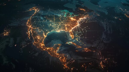 A glowing map of the world with North America at the heart, data flow visualizing cyber technology and exchange - obrazy, fototapety, plakaty