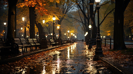 A Park in Heavy Rain With Street Lights and Shiny Reflective Autumn Leaves - obrazy, fototapety, plakaty