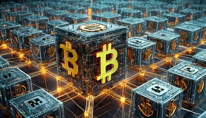 Illustration of bitcoin symbol at the core of a futuristic blockchain network - obrazy, fototapety, plakaty