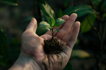 Plant with soil on the agronomist's hand. Earth Day. New life.