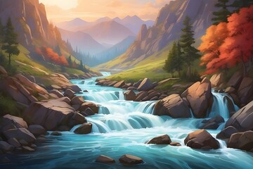 waterfall in the mountains - obrazy, fototapety, plakaty