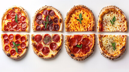 Fototapeta na wymiar Top view of various pizzas with different toppings on a white background, showcasing diversity in pizza flavors with a clean, minimalistic style.
