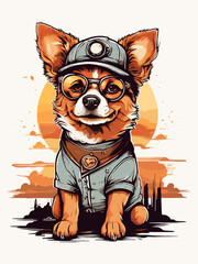 Retro steampunk canine with mechanical elements, sunset