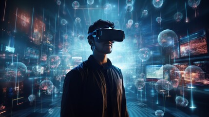 A man wearing a VR headset designs a detailed virtual world. On the background is full of floating codes. Reflects the complexity of the work