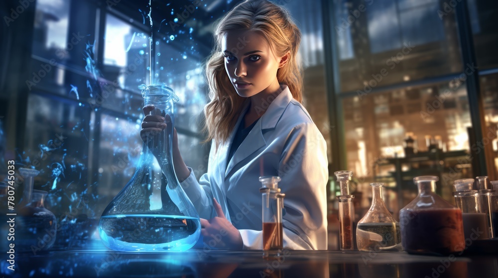 Poster A woman wearing a lab coat is performing a precise experiment in a lab. The background is full of modern scientific instruments. 