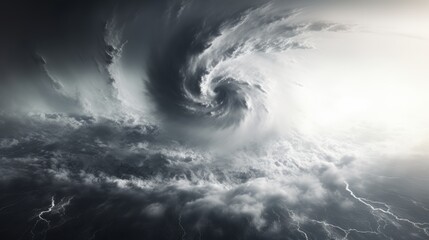 A photograph of a huge hurricane with swirling white clouds hangs in the blackness of space....