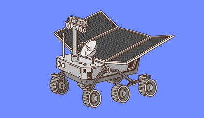Space rover, spaceship, moon rover, in groovy style, line drawing isolated on blue background, space theme
