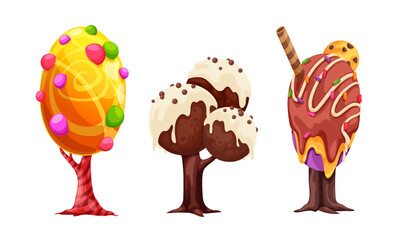 Set of three trees stylized as dessert with chocolate, candies and caramel, can be used for design of computer games, posters and advertising, trees isolated on white background