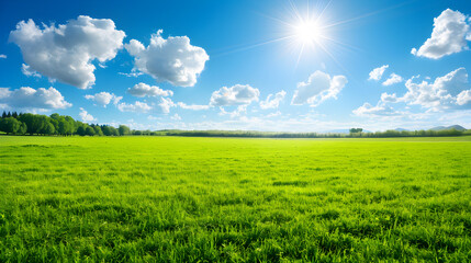 Vast green fields in summer with a sky with bright sun and clouds.