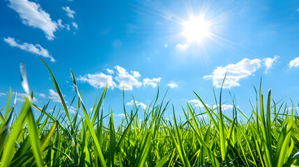 Fototapeta premium Green fields in the summer with a bright sunny sky and few clouds.