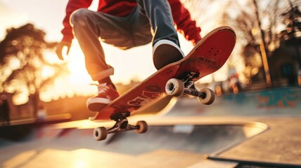 Skateboarder performing a trick at sunset.