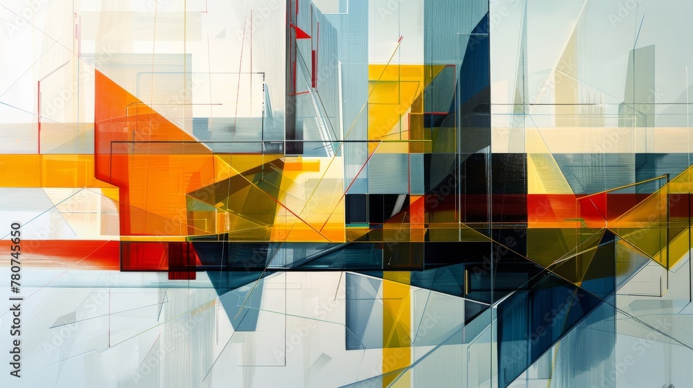 Poster abstract geometric painting with a dynamic composition of rectangles, triangles and intersecting lin