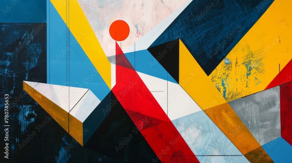 Poster painting depicts an abstract geometric painting with a dynamic composition of triangles, rectangles 